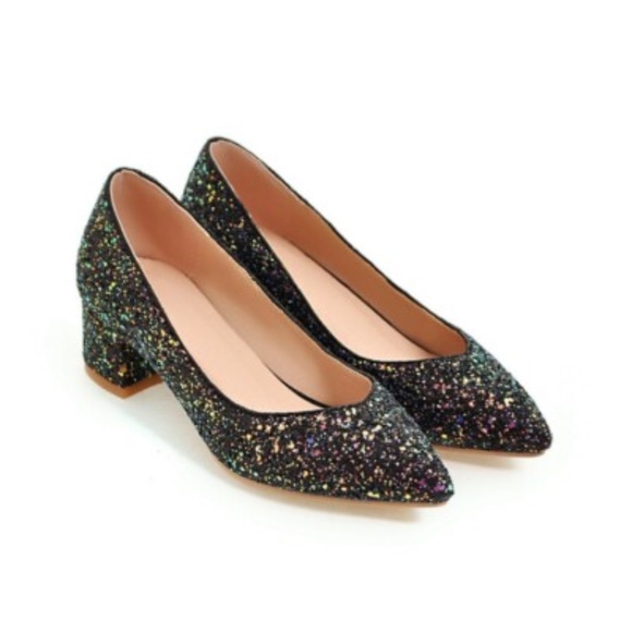 Kate Spade Menorca Shimmer Block Heel Pumps Black Glitter Pointed Toe Shoes 5.5 - Picture 4 of 8